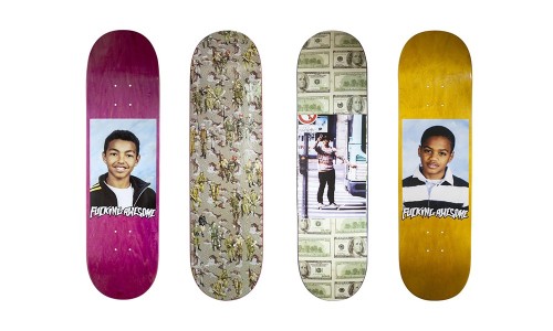 Fucking Awesome 的滑板上，印的都是 Supreme 滑手的照片