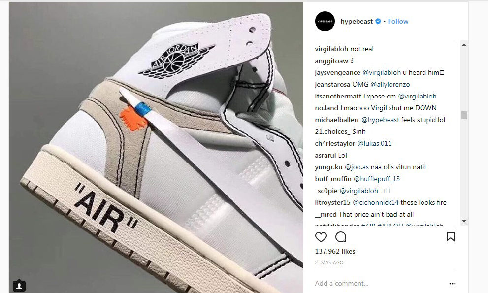 Virgil Abloh 亲证白色联名 Air Jordan I 是假货？