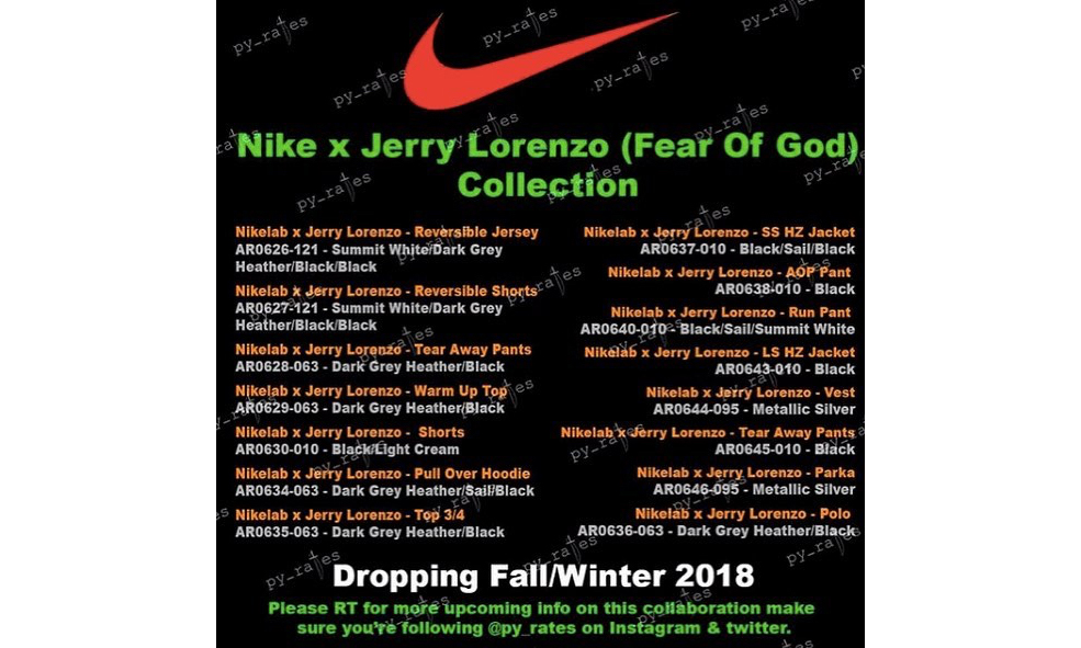 Jerry Lorenzo x NikeLab 联名服饰系列类目曝光
