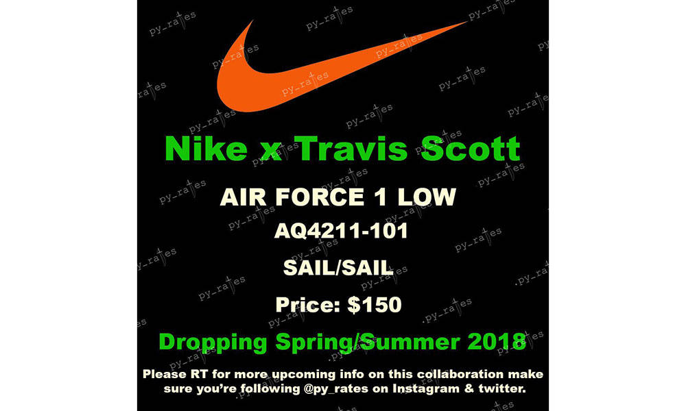 Nike x Travis Scott 全新 Air Force 1 “Sail” 配色或将在今年春夏发售