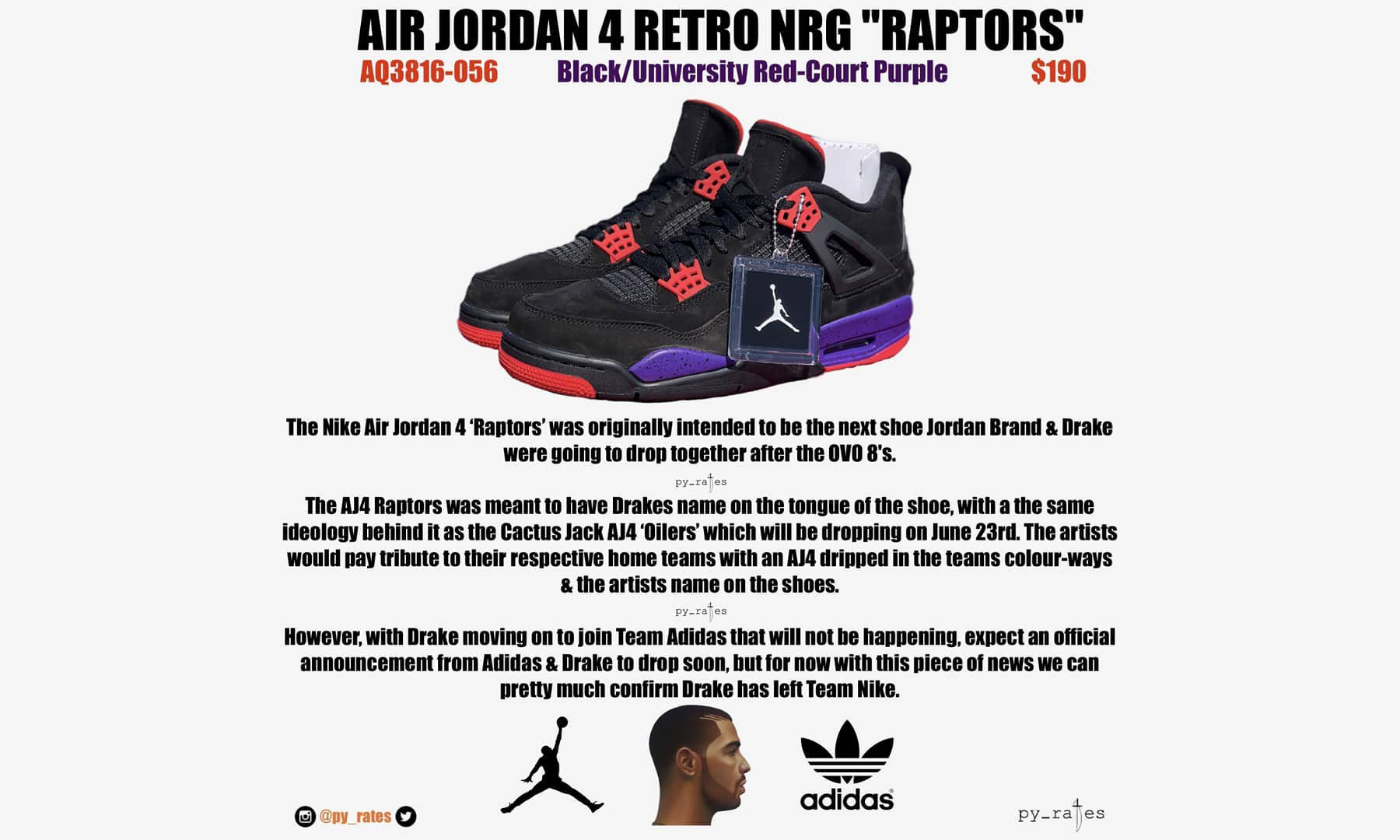 居然是这样的故事？Air Jordan IV “Raptors” 原本是属于 Drake 的！