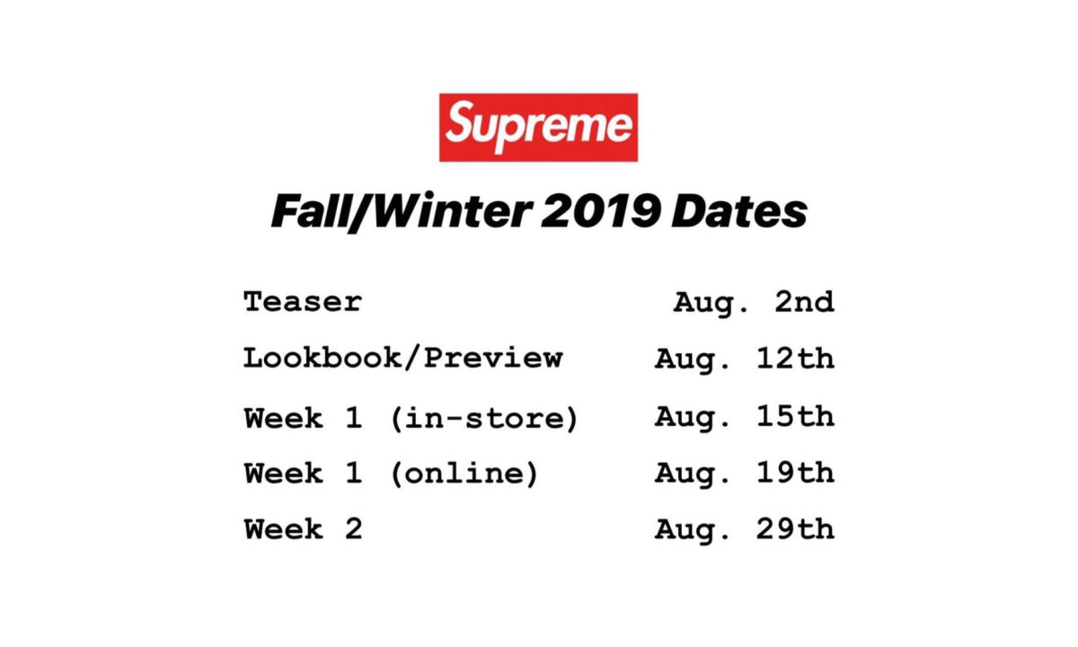 Supreme 2019 秋冬系列具体日期公布