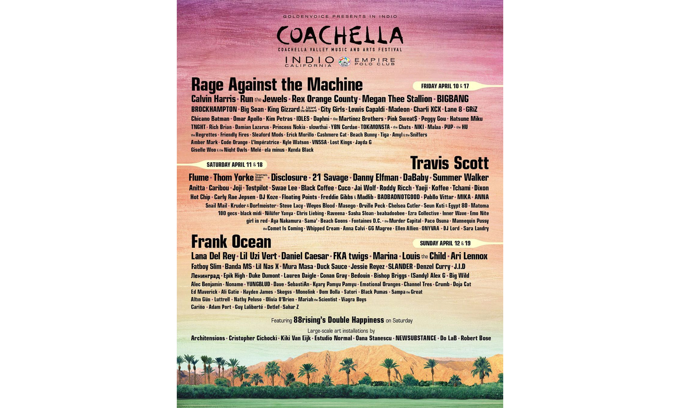 Travis Scott、Frank Ocean、RATM 领衔，2020 Coachella 演出名单正式公布
