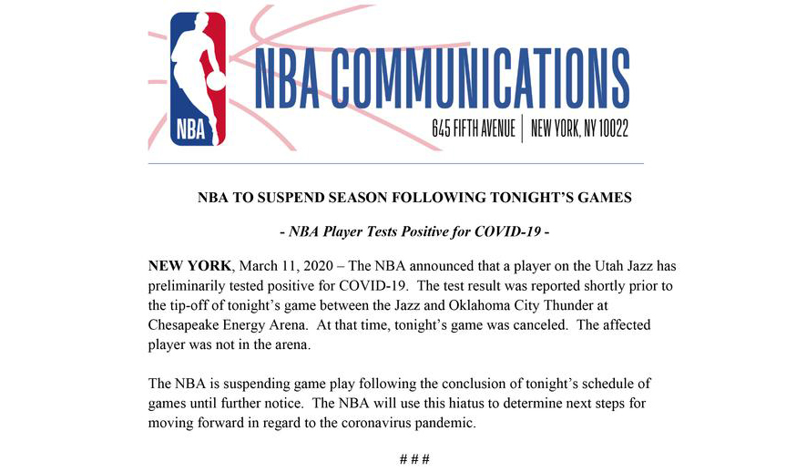 NBA 宣布本赛季暂时停摆