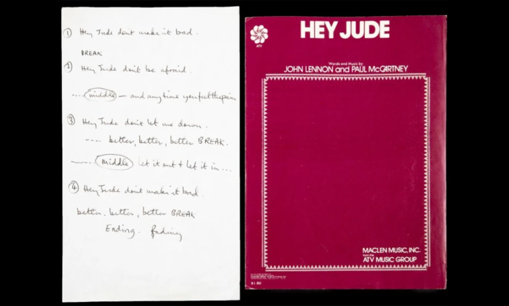 《Hey Jude》手写歌词以 91 万美元的价格拍卖成交