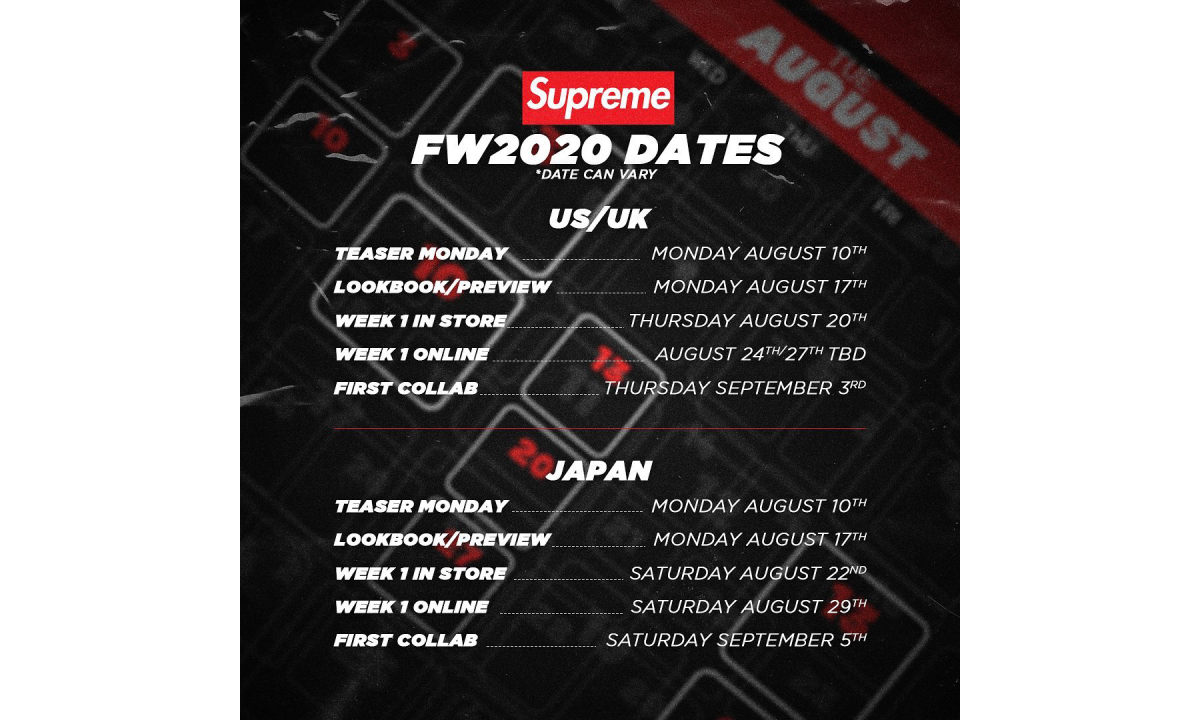 Supreme 2020 秋冬系列发布安排时间曝光