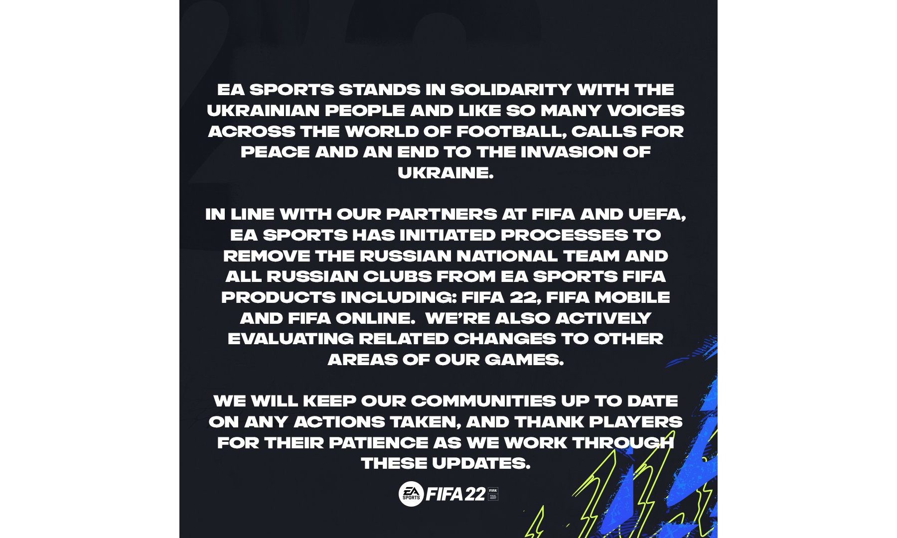 《FIFA 22》全面移除俄罗斯国家队和俱乐部