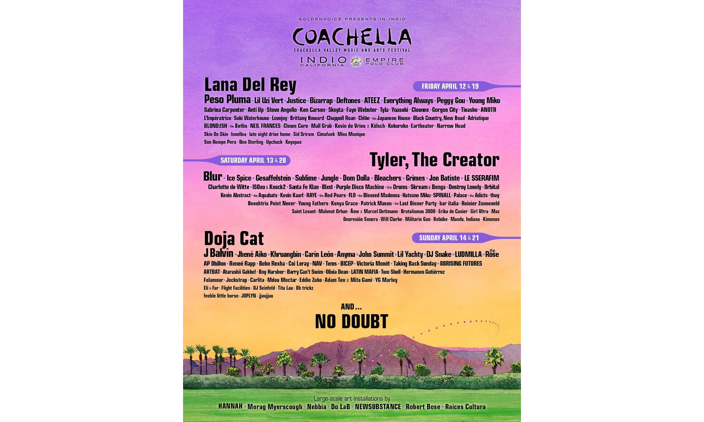 Coachella 宣布 2024 年阵容，由 Tyler、Lana Del Rey 和 Doja Cat 领衔演出