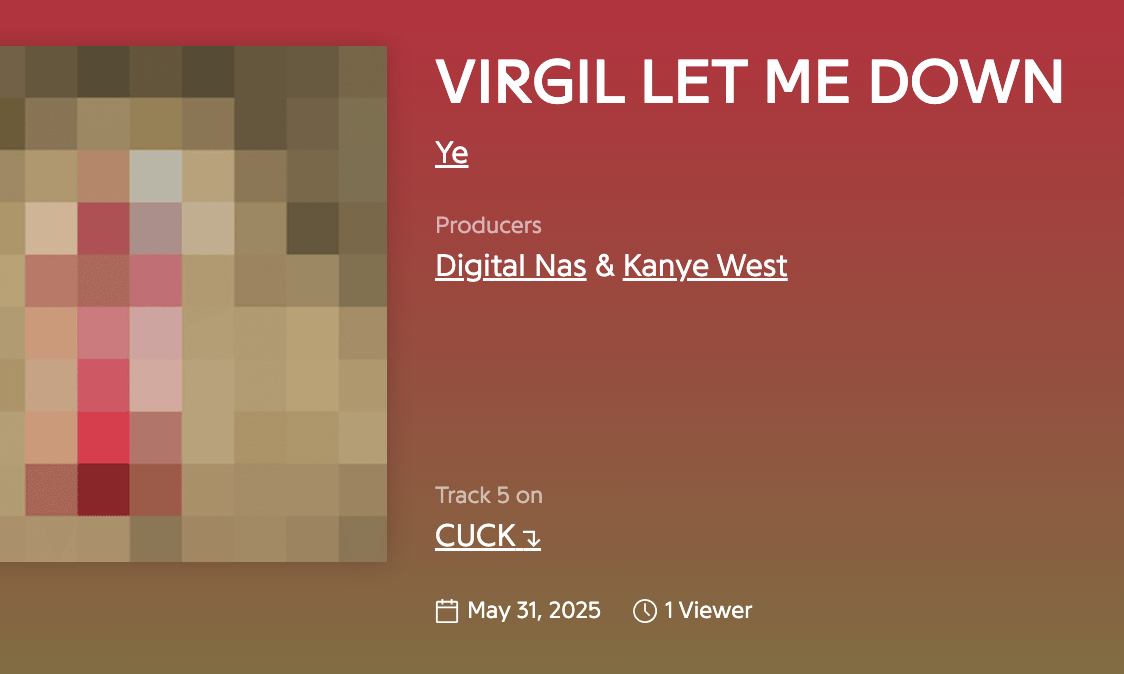 Ye 新专辑歌曲《VIRGIL LET ME DOWN》音源曝光