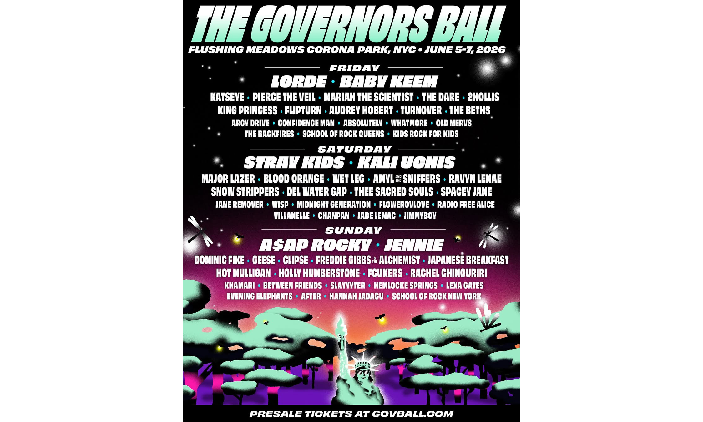 A$AP Rocky、Jennie 领衔，The Governors Ball 音乐节公布 2026 年演出阵容