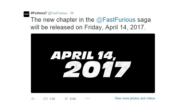 《Fast & Furious 8》速度与激情续集定档 2017 上映