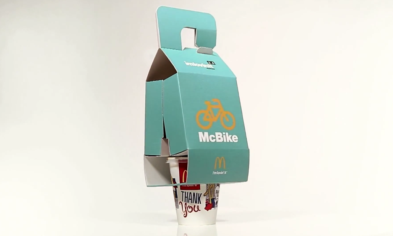 麦当劳推出限定「McBike」购物通道及自行车便携外卖包装